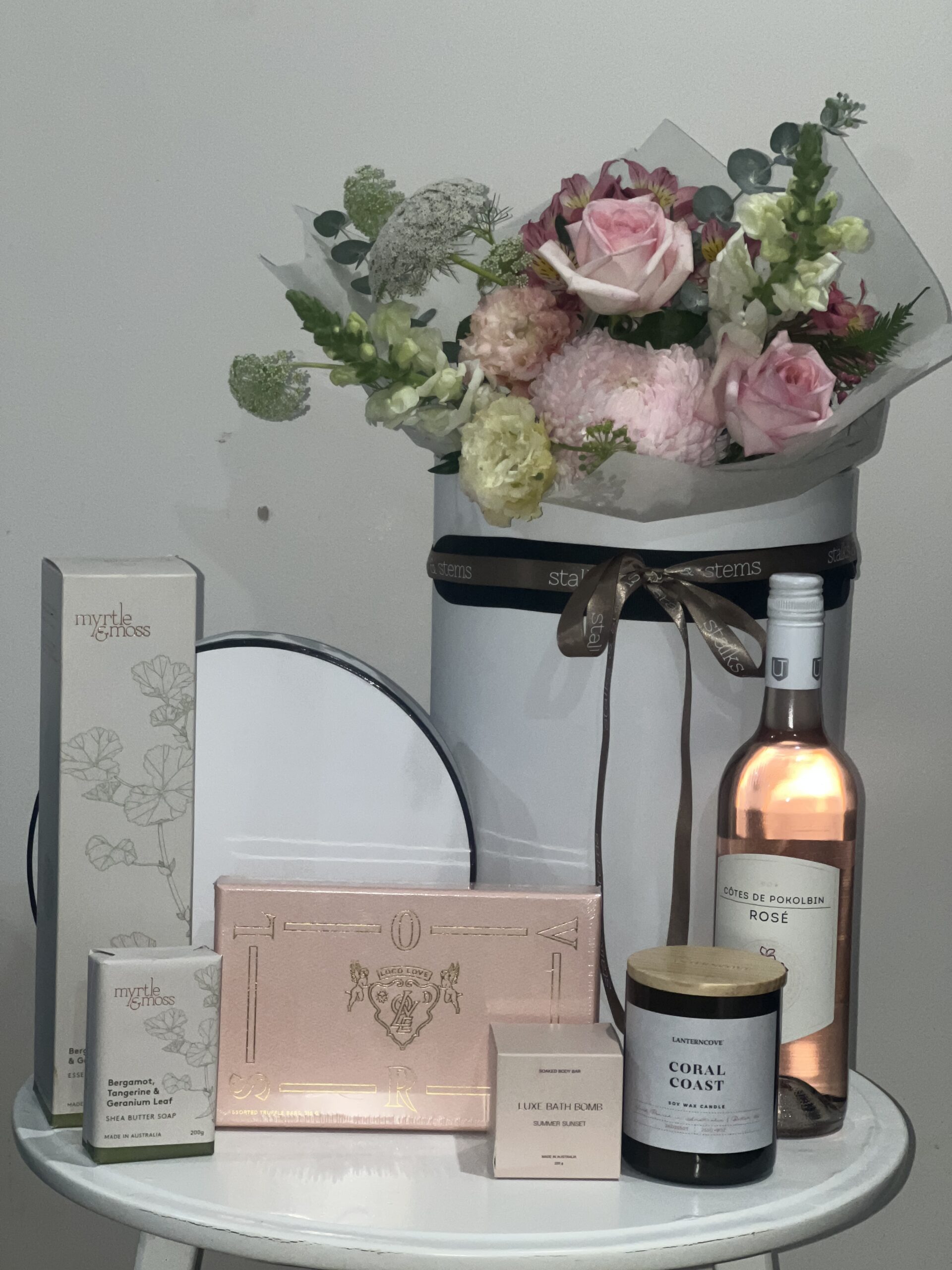 Luxury Valentine's pamper gift hamper with flowers and skincare Brisbane